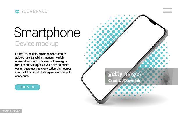 smartphone realistic product shot mock up web banner design template. includes sample text design, smartphone on half tone circle with blank screen. use for branding mock up or template for infographics or presentation ui design interface - iphone isolated angle stock illustrations