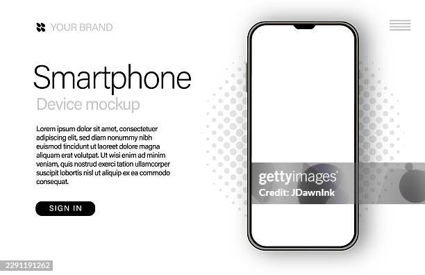 smartphone realistic product shot mock up web banner design template. includes sample text design, smartphone on half tone circle with blank screen. use for branding mock up or template for infographics or presentation ui design interface - iphone isolated angle stock illustrations