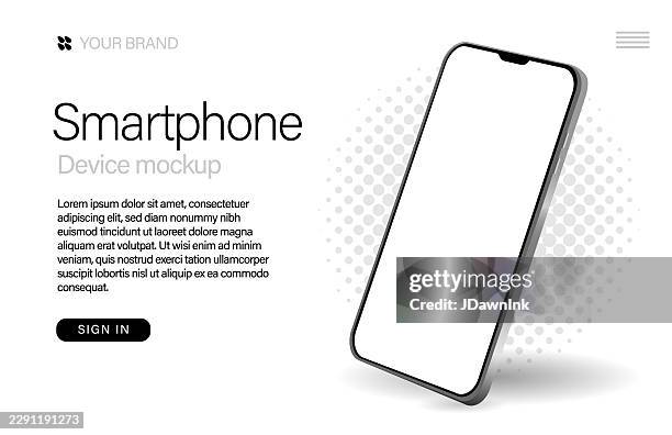smartphone realistic product shot mock up web banner design template. includes sample text design, smartphone on half tone circle with blank screen. use for branding mock up or template for infographics or presentation ui design interface - smartphone angle stock illustrations