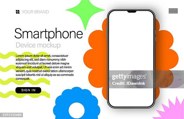smartphone realistic product shot mock up web banner design template. includes sample text design, smartphone on colorful geometric y2k shapes with blank screen. use for branding mock up or template for infographics or presentation ui design interface - iphone angle stock illustrations