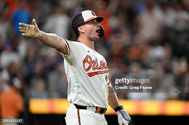 Pete Alonso of the Baltimore Orioles reacts during a review in the seventh inning against the New York Yankees at Oriole Park at Camden Yards on...