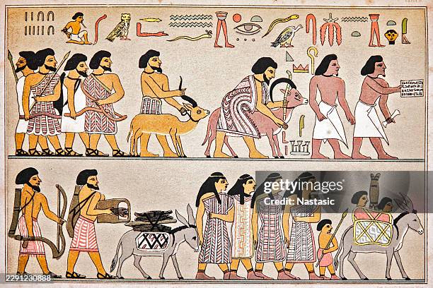 famous procession of west semitic (aamu or hyksos) traders visiting ancient egypt, based on the 12th dynasty tomb wall painting of khnumhotep ii at beni hasan - new cairo stock illustrations