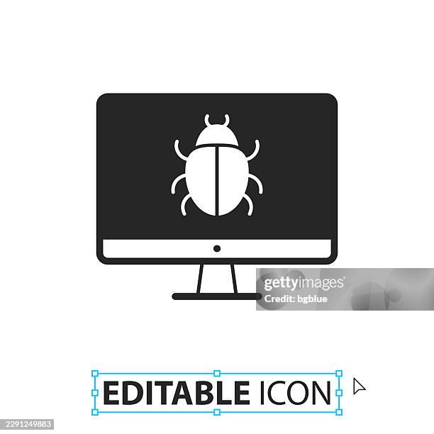 desktop computer with bug - editable icon on white background - computer bug stock illustrations