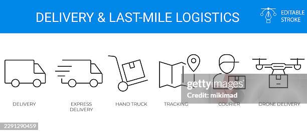 delivery and last-mile logistics icon set – editable stroke vector collection showing express delivery, tracking, courier and drone concepts representing modern transport and efficient shipping solutions - drone package stock illustrations
