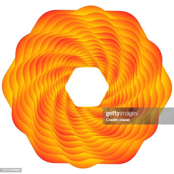 orange and yellow layered spiral form with a white hexagonal center on a white background, creating a bright, symmetrical floral-like design. - going round in circles stock illustrations