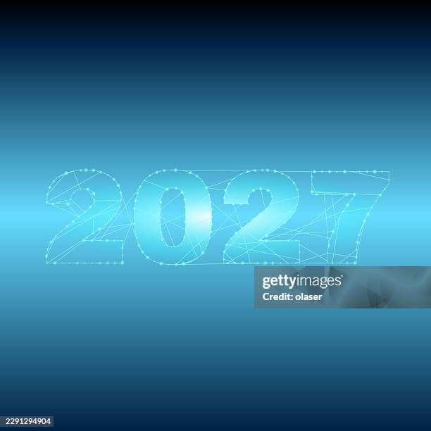 glowing 2027 text appears over a blue gradient background with a futuristic wireframe and connected node pattern, creating a clean digital new year design. - glow stick stock illustrations