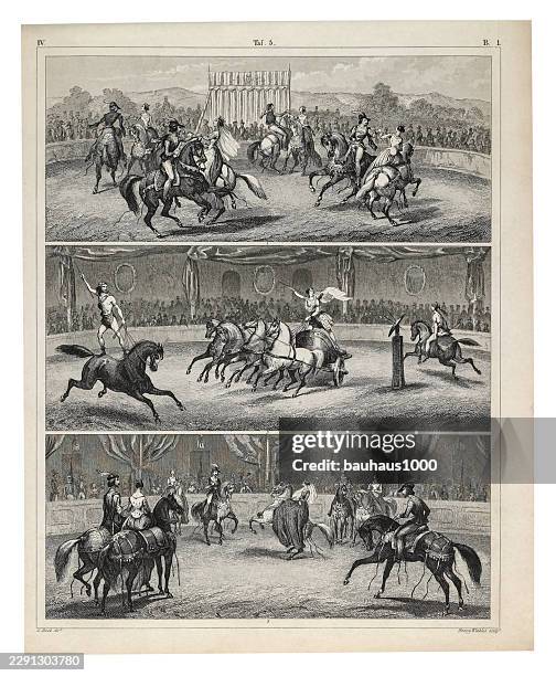 equestrian feats engraving antique illustration, published 1851 - acrobats performing stock illustrations