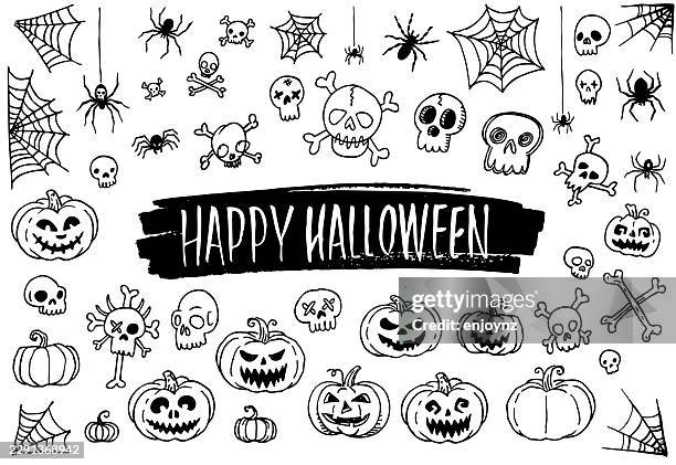 spooky sketchy halloween spiders, skulls and pumpkin doodles - party mess vector stock illustrations