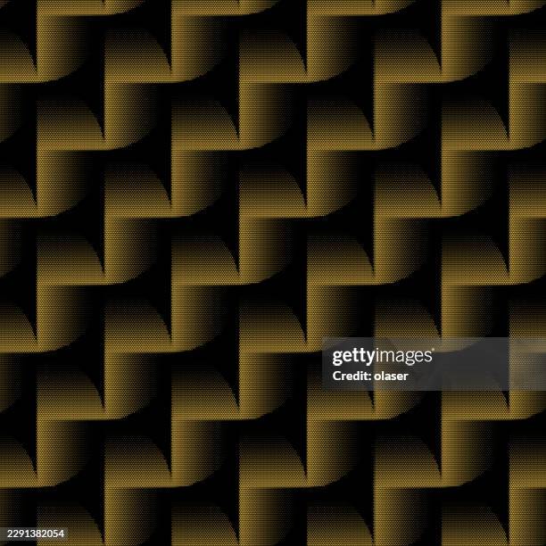 dark gold woven pattern with repeating curved bands and a textured surface, creating a layered geometric design against a black background. - low key lighting stock illustrations