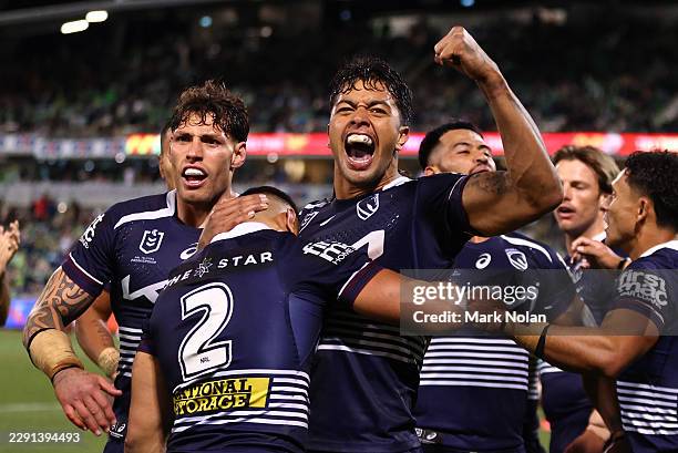 Broncos players celebrate winning the round 25 NRL match between Canberra Raiders and Brisbane Broncos at GIO Stadium, on August 21 in Canberra,...