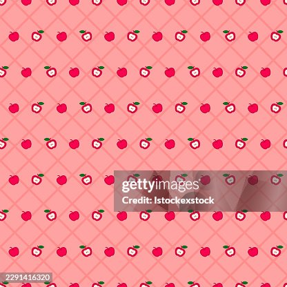 Seamless Apple Pattern On Light Pink Grid Background Seamless Apple Pattern On Light Pink Grid Background