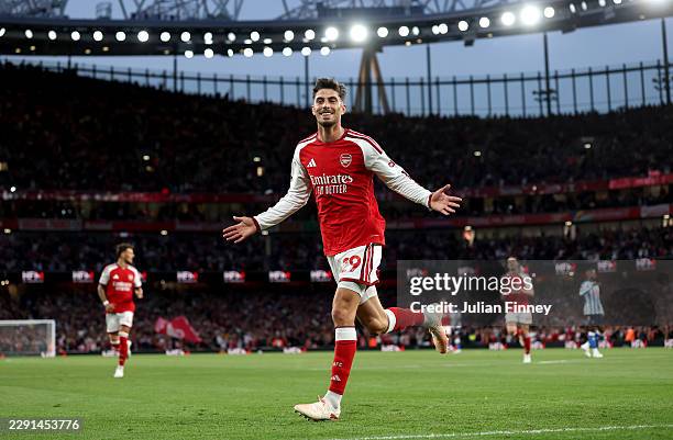 Kai Havertz of Arsenal celebrates scoring his team’s first goal during the Premier League 2026/27 match between Arsenal FC and Coventry City at...