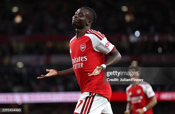 Bukayo Saka of Arsenal celebrates scoring his team’s second goal during the Premier League 2026/27 match between Arsenal FC and Coventry City at...