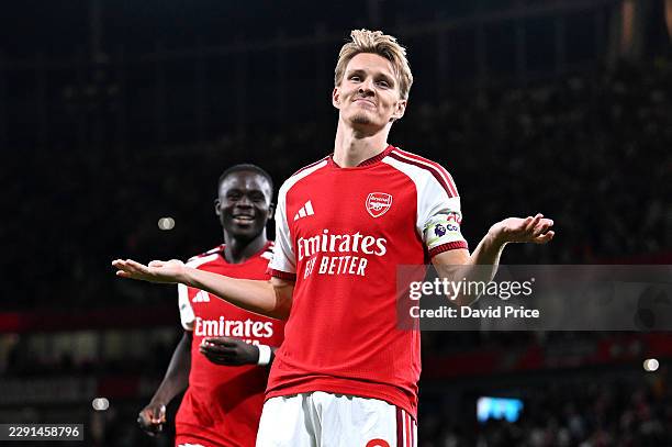 Martin Odegaard of Arsenal celebrates scoring his team’s third goal during the Premier League 2026/27 match between Arsenal FC and Coventry City at...