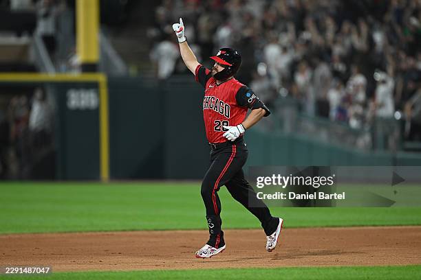 Jake Rogers of the Chicago White Sox rounds the bases after hitting a two run walk-off home run against the New York Mets during the ninth inning at...