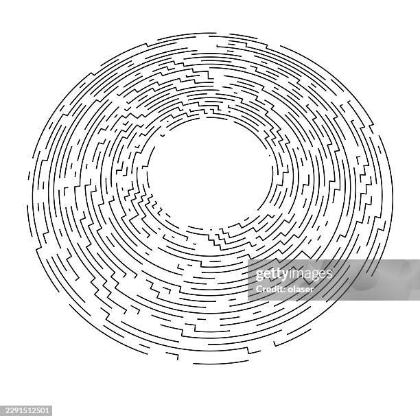 concentric black line segments form a circular maze-like pattern around a blank center on a white background, creating a clean, modern graphic look. - going round in circles stock illustrations