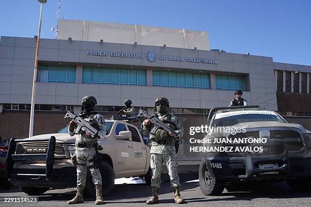 Members of the Mexican Army, Navy and National Guard guard and patrol government buildings in Mexicali's Civic Center, in Mexicali, Baja California,...