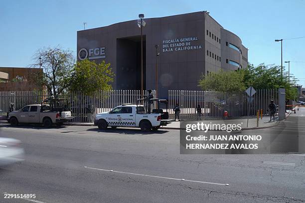 Members of the Mexican Army, Navy and National Guard guard and patrol government buildings in Mexicali's Civic Center, in Mexicali, Baja California,...