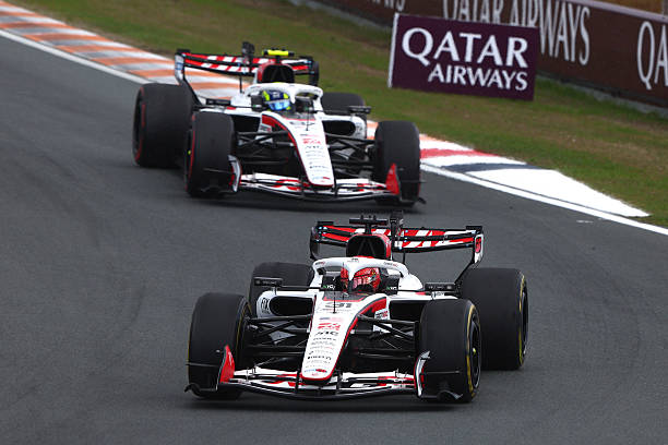 Esteban Ocon of France driving the Haas F1 VF-26 Ferrari leads Oliver Bearman of Great Britain driving the Haas F1 VF-26 Ferrari on track during the...