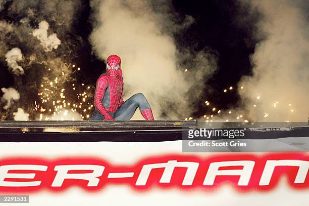 Spider-Man on top of the stage to celebrate the Nov. 1st DVD & videocassette debut of "Spider-Man" at a Halloween party benefitting UNICEF at the...