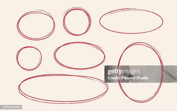 hand drawn red circle and oval frame collection with sketch lines, minimal red sketch oval and round borders collection - damaged packaging stock illustrations