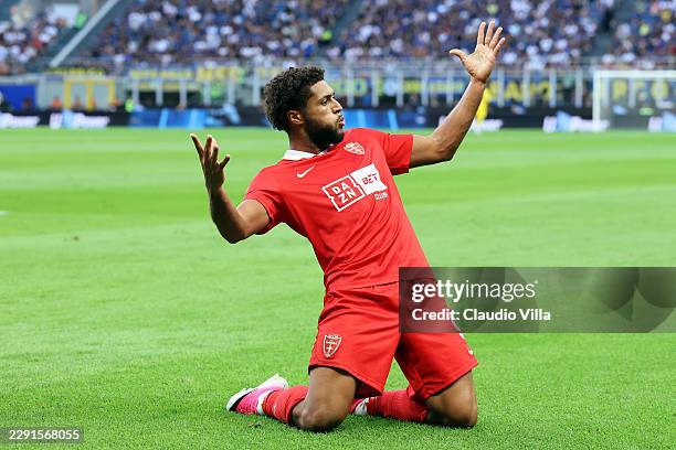 Gustavo Varela of Monza celebrates scoring his team’s first goal during the Serie A match between FC Internazionale and AC Monza at Stadio Giuseppe...