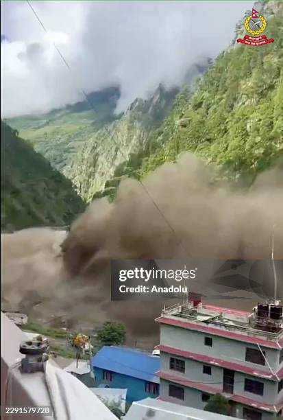 Screen grab captured from a video shows the aftermath of massive flash floods and mudslides near the Nepal-China border in Nepal on August 26, 2026....