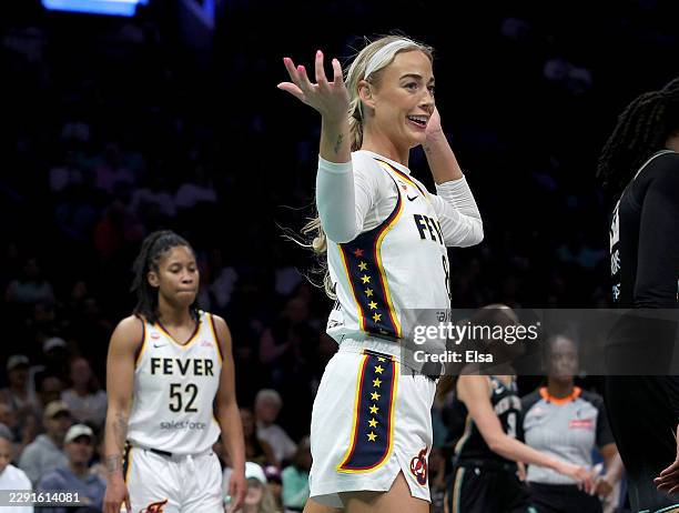 Sophie Cunningham of the Indiana Fever reacts after she is called for a foul in the first half against the New York Liberty at Barclays Center on...