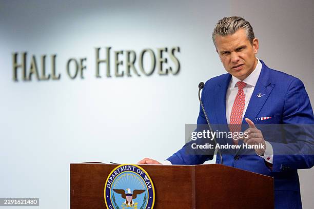 Secretary of War Pete Hegseth speaks during an event to honor Marines who were serving during the 2021 Abbey Gate bombing at the Pentagon on August...