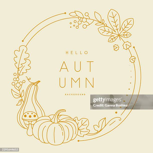 seasonal autumn modern frame or holiday greeting card on white background with pumpkins, mushroom and leaves. line art vector illustration - thanksgiving crafts stock illustrations