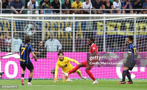 Piotr Zielinski of FC Internazionale scores their team's secon goal during the Serie A match between FC Internazionale and AC Monza at Stadio...