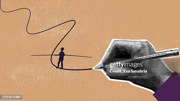 tightrope walker walking on a cable, drawn by a hand in a halftone style - high wire walker stock illustrations