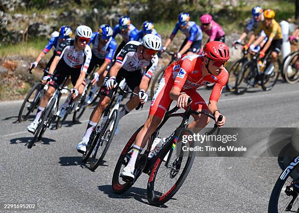 Tadej Pogacar of Slovenia and UAE Team Emirates XRG - Red Leader Jersey competes during the La Vuelta - 81st Tour of Spain 2026, Stage 2 a 214.3km...