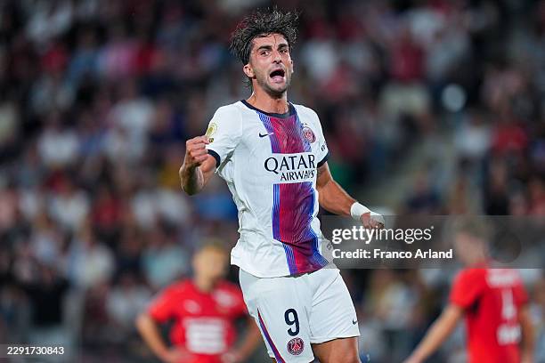 Ferran Torres of PSG celebrates after scoring his team's second goal during the Ligue 1 McDonald's 2026/27 match between Stade Rennais FC and Paris...