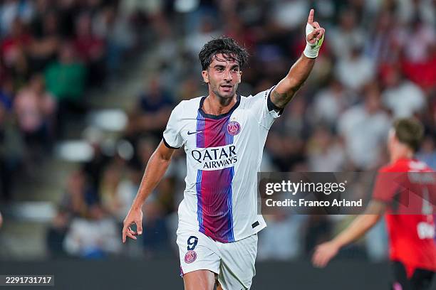 Ferran Torres of PSG celebrates after scoring his team's second goal during the Ligue 1 McDonald's 2026/27 match between Stade Rennais FC and Paris...
