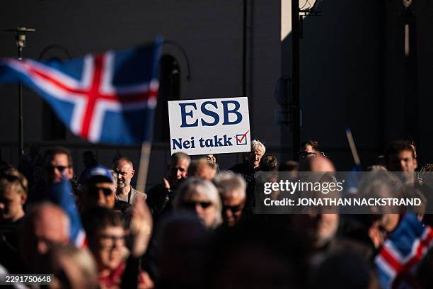 Supporter of the 'No' campaign displays a placard against the EU , during a rally against reopening Iceland's European Union accession negotiations...
