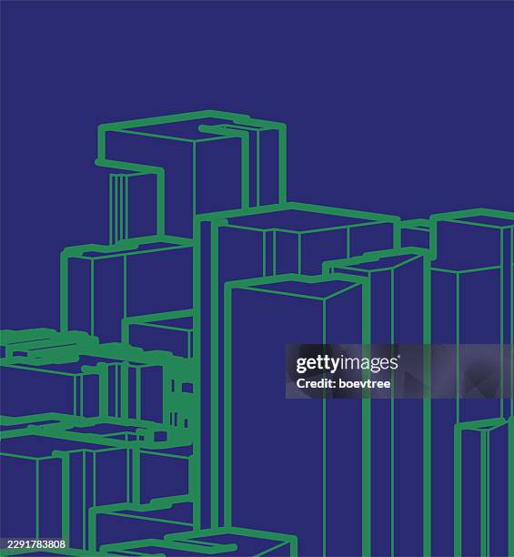 abstract blue city skyscraper perspective wireframe structure pattern illustration background - building wireframe stock illustrations
