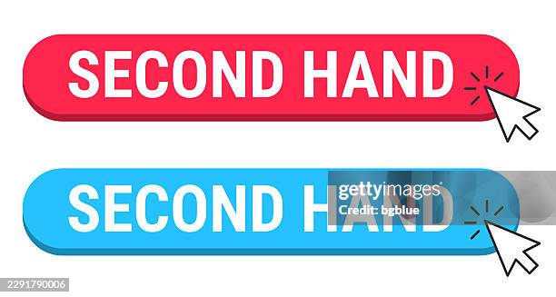 second hand - red and blue buttons with cursor on white background - thrift store stock illustrations