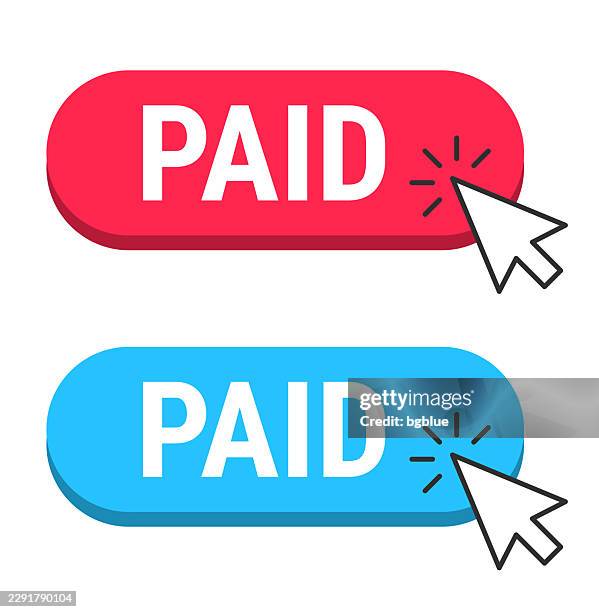paid - red and blue buttons with cursor on white background - digital corruption stock illustrations