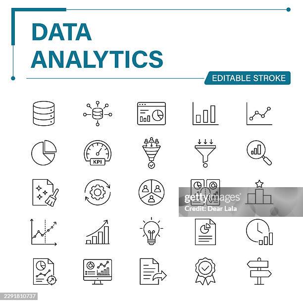data analytics editable stroke line icon set – data analysis, business intelligence, data visualization, dashboard and forecasting - data analyst stock illustrations