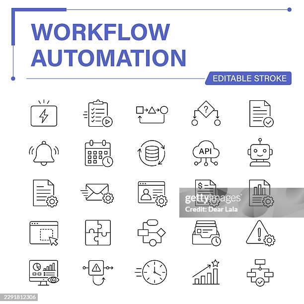workflow automation editable stroke line icon set – business process automation, no-code, api integration and task automation - business process workflow stock illustrations