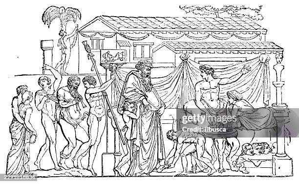 dionysus received as a guest - guest stock illustrations