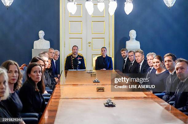 King Haakon of Norway and Princess Ingrid Alexandra of Norway sit at the head of the table for an extraordinary cabinet meeting at the Royal Palace,...
