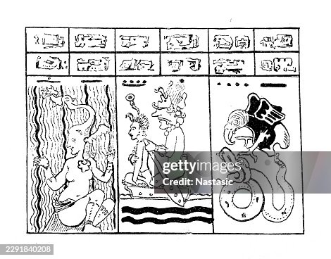 Vintage Maya Codex Dresden Codex Engraving – Antique Yucatecan Maya Hieroglyphs Illustration Vintage Maya Codex Dresden Codex Engraving – Antique Yucatecan Maya Hieroglyphs Illustration