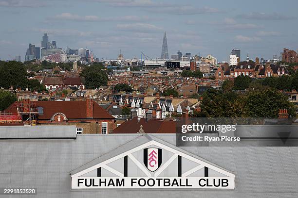 General view of the Fulham Football Club sign is seen as Stamford Bridge is seen in the distance before the Premier League 2026/27 match between...