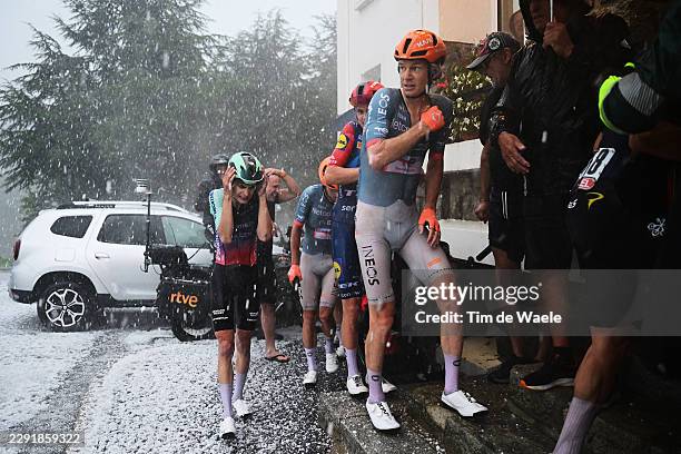 General view Matthew Riccitello of United States and Team Decathlon CMA CGM and Jack Haig of Australia and Netcompany INEOS Cycling Team react after...