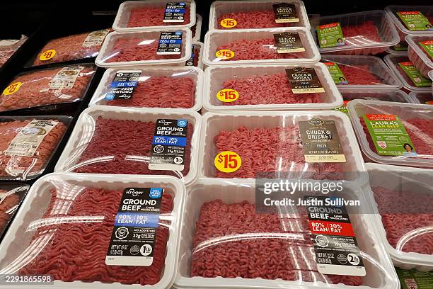 Packages of ground beef are displayed in a cooler at a Ralph's store on August 24, 2026 in Los Angeles, California. The Trump administration...