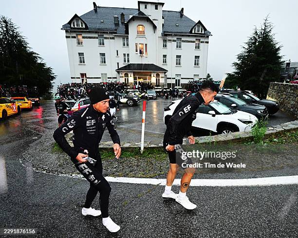 Juan Felipe Rodriguez of Colombia and Richard Carapaz of Ecuador and Team EF Education - EasyPost react after the cancellation of the stage due to a...