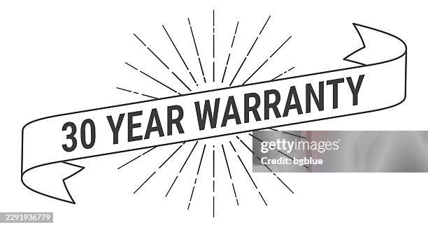 30 year warranty - banner with sunbursts on white background - 30 year stock illustrations