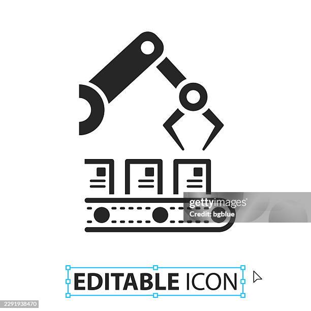 robotic arm on production line - editable icon on white background - robotic process automation stock illustrations